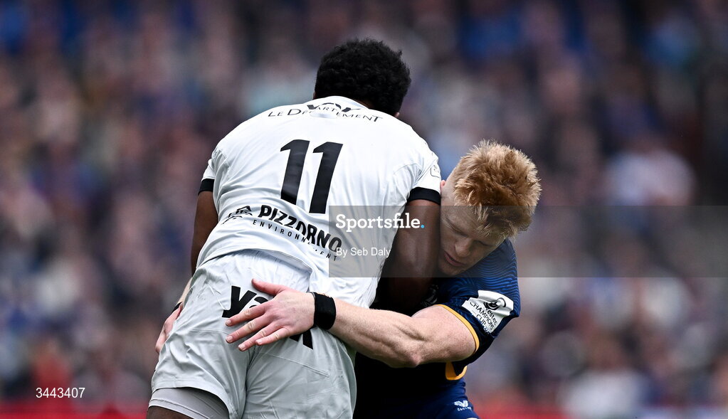 2 May 2026; Setariki Tuicuvu of RC Toulon is tackled by Tommy O'Brien of Leinster during the Investec Champions Cup semi-final match between Leinster and RC Toulon at the Aviva Stadium in Dublin. Photo by Seb Daly/Sportsfile