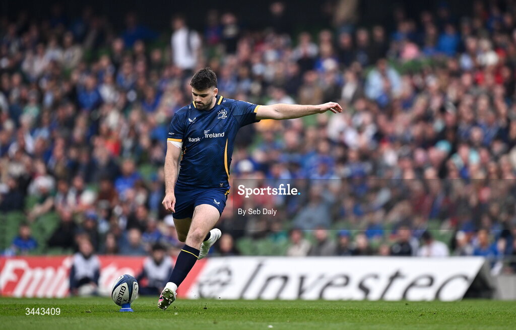 2 May 2026; Harry Byrne of Leinster attempts to kick a penalty during the Investec Champions Cup semi-final match between Leinster and RC Toulon at the Aviva Stadium in Dublin. Photo by Seb Daly/Sportsfile