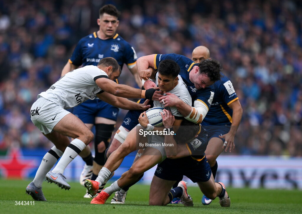 2 May 2026; Tomas Albornoz of RC Toulon is tackled by James Ryan of Leinster during the Investec Champions Cup semi-final match between Leinster and RC Toulon at the Aviva Stadium in Dublin. Photo by Brendan Moran/Sportsfile