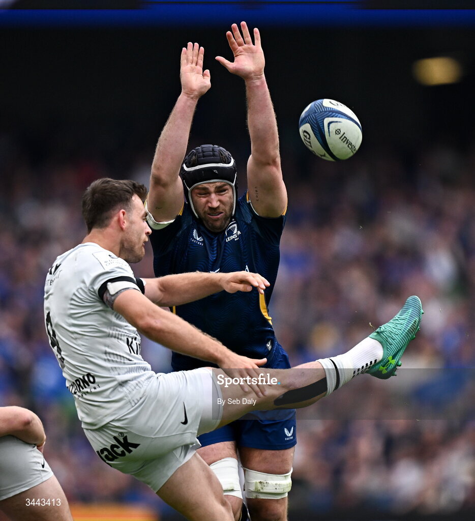 2 May 2026; Ben White of RC Toulon is charged down by Caelan Doris of Leinster during the Investec Champions Cup semi-final match between Leinster and RC Toulon at the Aviva Stadium in Dublin. Photo by Seb Daly/Sportsfile