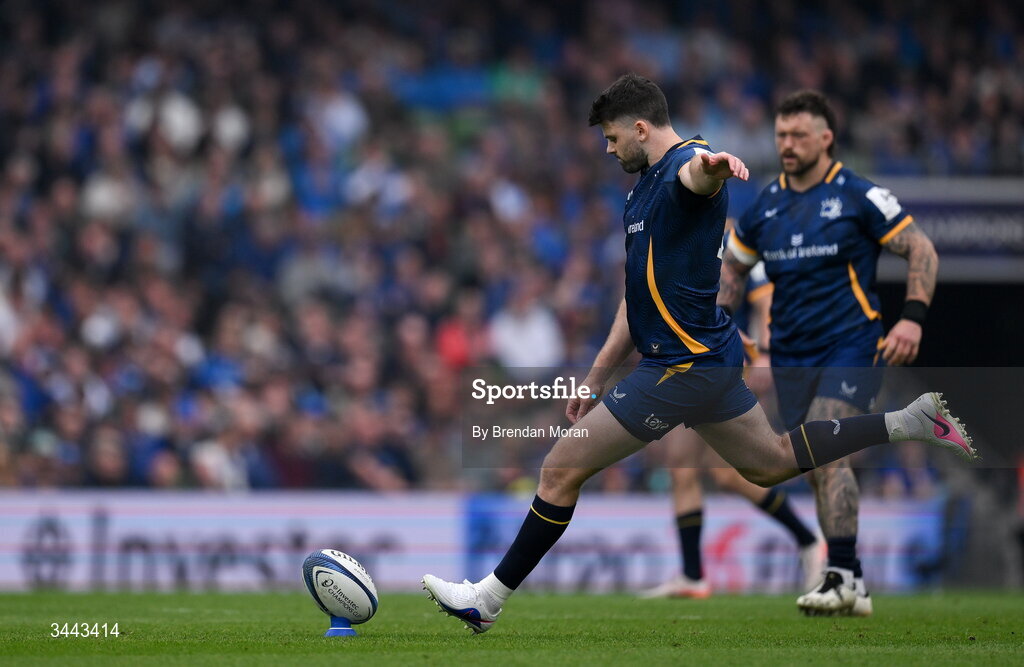 2 May 2026; Harry Byrne of Leinster attempts to kick a penalty during the Investec Champions Cup semi-final match between Leinster and RC Toulon at the Aviva Stadium in Dublin. Photo by Brendan Moran/Sportsfile