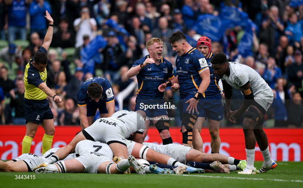2 May 2026; Tommy O'Brien, centre, and Dan Sheehan of Leinster celebrate after teammate Jack Conan, not pictured, scores their first try during the Investec Champions Cup semi-final match between Leinster and RC Toulon at the Aviva Stadium in Dublin. Photo by Brendan Moran/Sportsfile