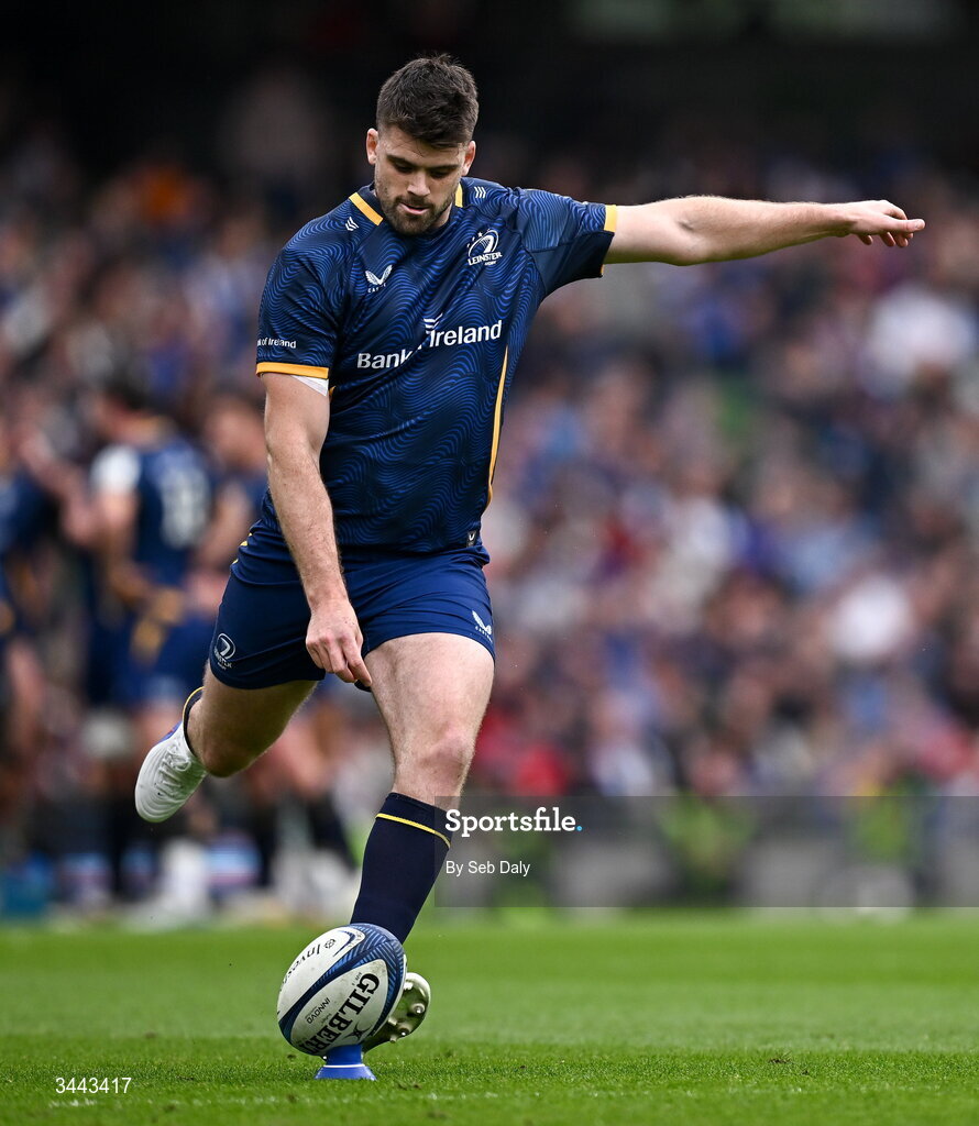 2 May 2026; Harry Byrne of Leinster kicks a conversion during the Investec Champions Cup semi-final match between Leinster and RC Toulon at the Aviva Stadium in Dublin. Photo by Seb Daly/Sportsfile
