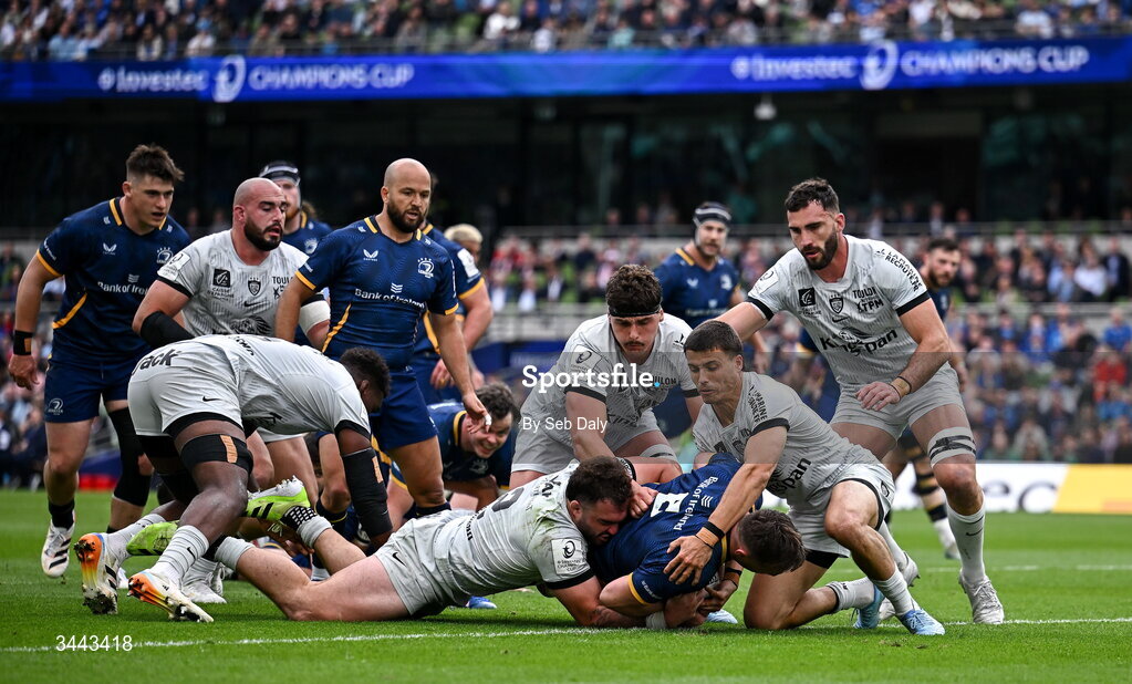 2 May 2026; Jack Conan of Leinster scores his side's first try during the Investec Champions Cup semi-final match between Leinster and RC Toulon at the Aviva Stadium in Dublin. Photo by Seb Daly/Sportsfile
