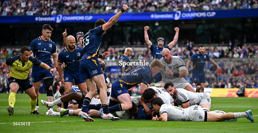 2 May 2026; Jack Conan of Leinster scores his side's first try during the Investec Champions Cup semi-final match between Leinster and RC Toulon at the Aviva Stadium in Dublin. Photo by Seb Daly/Sportsfile