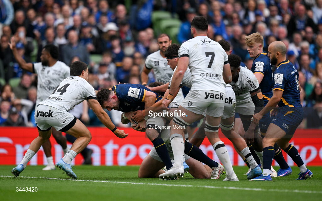 2 May 2026; Jack Conan of Leinster dives over to score his side's first try during the Investec Champions Cup semi-final match between Leinster and RC Toulon at the Aviva Stadium in Dublin. Photo by Brendan Moran/Sportsfile