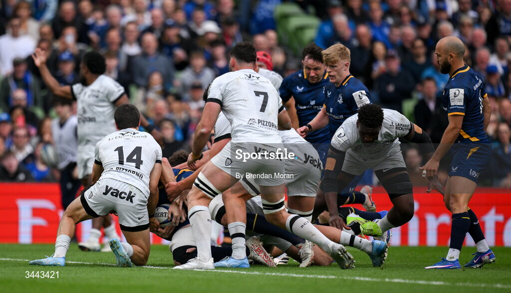 2 May 2026; Jack Conan of Leinster dives over to score his side's first try during the Investec Champions Cup semi-final match between Leinster and RC Toulon at the Aviva Stadium in Dublin. Photo by Brendan Moran/Sportsfile