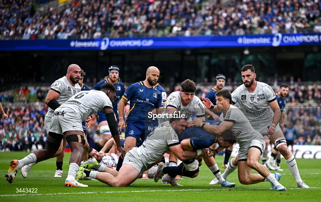 2 May 2026; Jack Conan of Leinster dives over to score his side's first try during the Investec Champions Cup semi-final match between Leinster and RC Toulon at the Aviva Stadium in Dublin. Photo by Seb Daly/Sportsfile