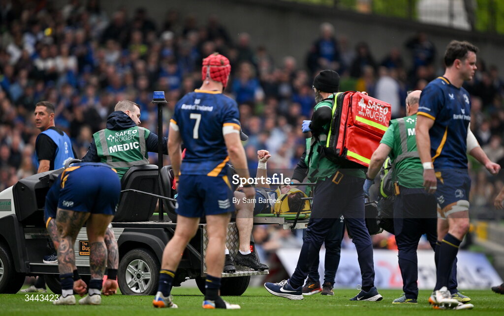 2 May 2026; Robbie Henshaw of Leinster gives a thumbs up as he leaves the field on a stretcher during the Investec Champions Cup semi-final match between Leinster and RC Toulon at the Aviva Stadium in Dublin. Photo by Sam Barnes/Sportsfile