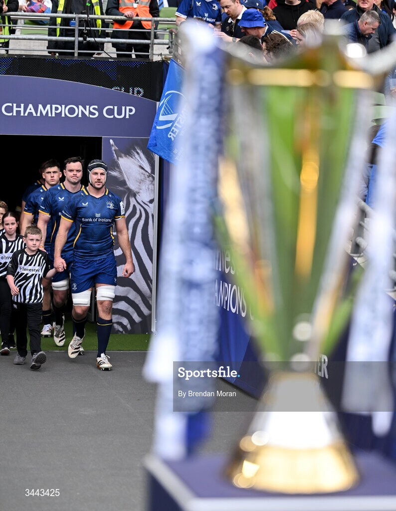 2 May 2026; Leinster captain Caelan Doris leads his side out before the Investec Champions Cup semi-final match between Leinster and RC Toulon at the Aviva Stadium in Dublin. Photo by Brendan Moran/Sportsfile