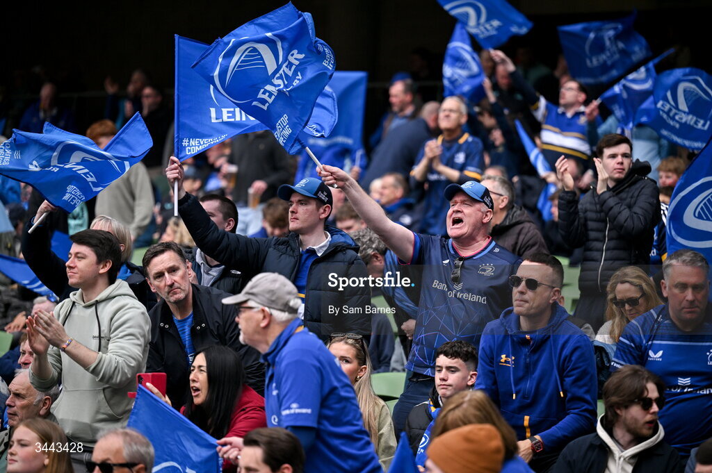 2 May 2026; Leinster supporters before the Investec Champions Cup semi-final match between Leinster and RC Toulon at the Aviva Stadium in Dublin. Photo by Sam Barnes/Sportsfile