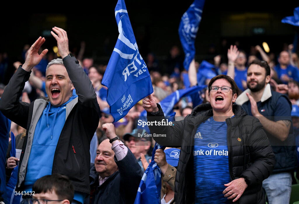2 May 2026; Leinster supporters celebrate their side's first try scored by Jack Conan during the Investec Champions Cup semi-final match between Leinster and RC Toulon at the Aviva Stadium in Dublin. Photo by Sam Barnes/Sportsfile