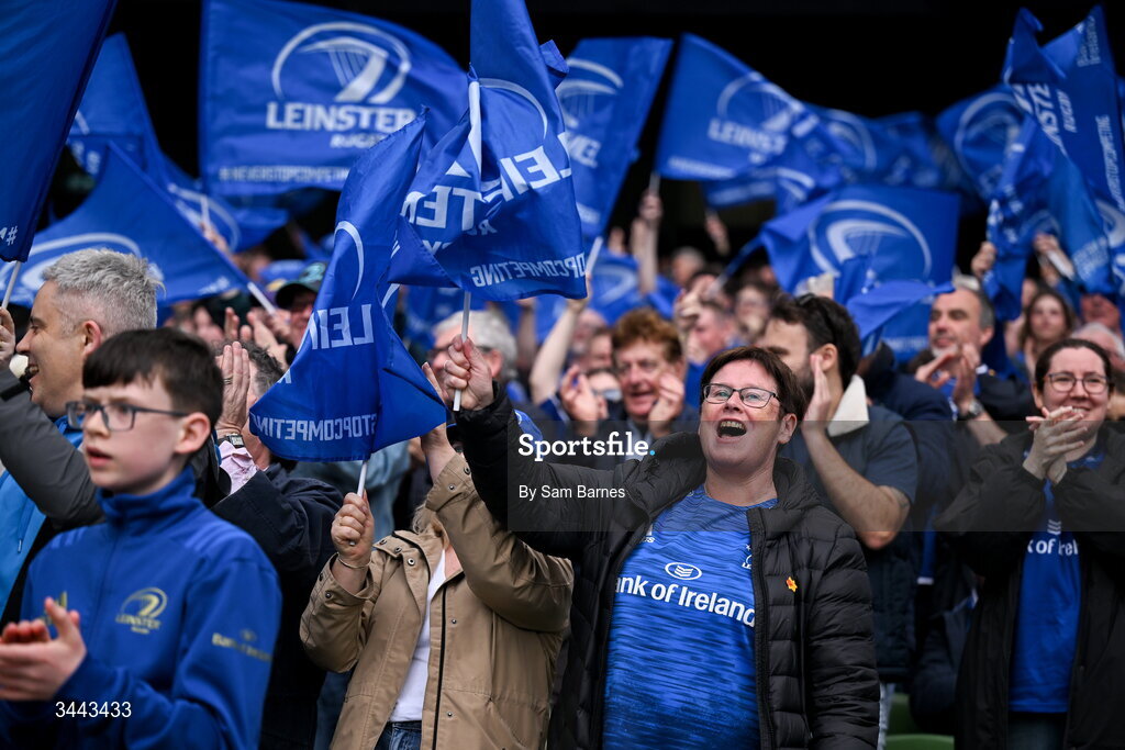 2 May 2026; Leinster supporters celebrate their side's first try scored by Jack Conan during the Investec Champions Cup semi-final match between Leinster and RC Toulon at the Aviva Stadium in Dublin. Photo by Sam Barnes/Sportsfile