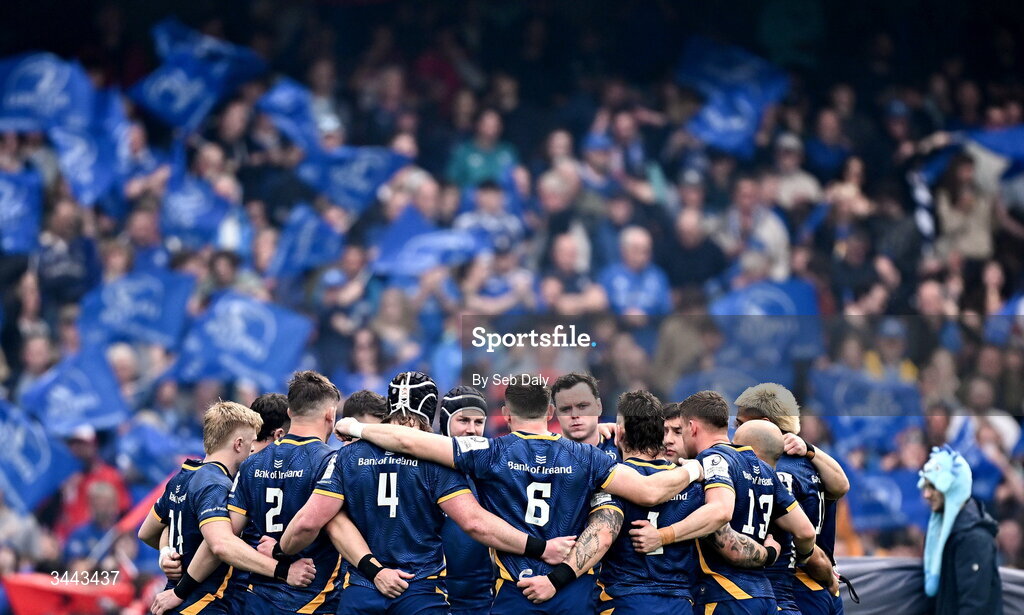 2 May 2026; Leinster players huddle before the Investec Champions Cup semi-final match between Leinster and RC Toulon at the Aviva Stadium in Dublin. Photo by Seb Daly/Sportsfile