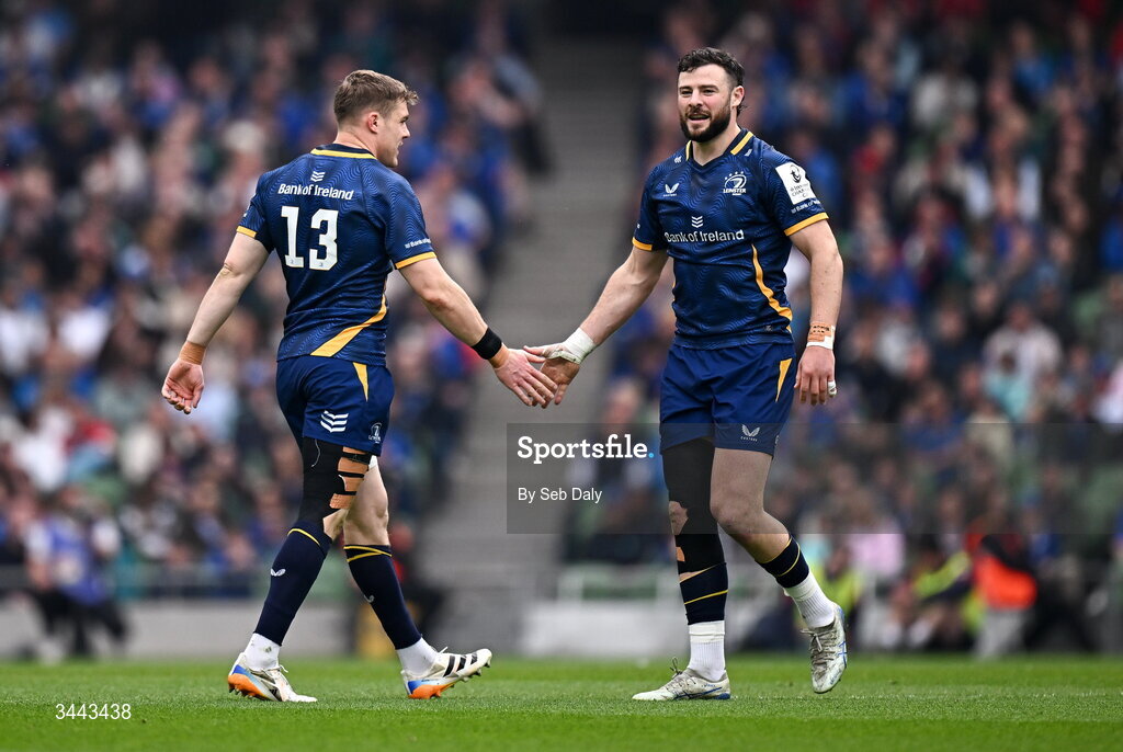 2 May 2026; Garry Ringrose, left, and Robbie Henshaw of Leinster before the Investec Champions Cup semi-final match between Leinster and RC Toulon at the Aviva Stadium in Dublin. Photo by Seb Daly/Sportsfile