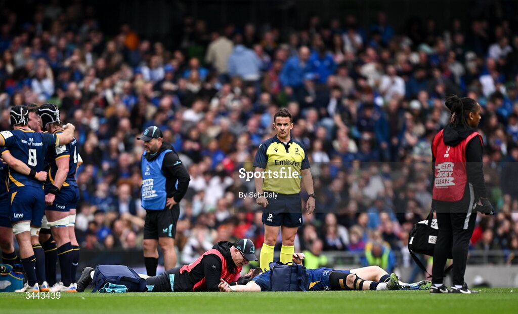 2 May 2026; Robbie Henshaw of Leinster recieves medical attention during the Investec Champions Cup semi-final match between Leinster and RC Toulon at the Aviva Stadium in Dublin. Photo by Seb Daly/Sportsfile