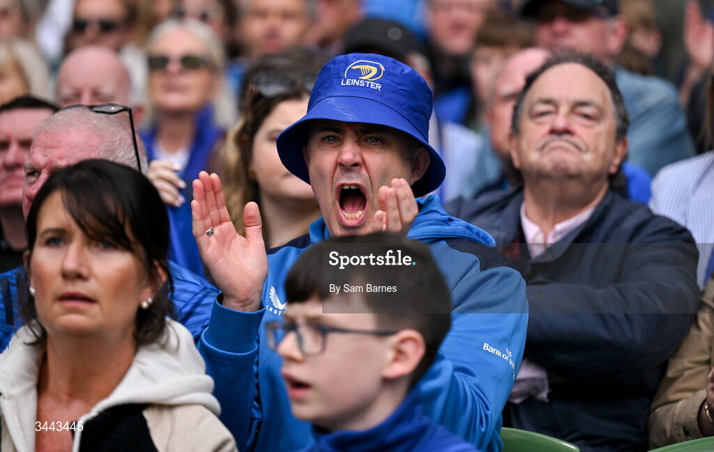 2 May 2026; Leinster supporters during the Investec Champions Cup semi-final match between Leinster and RC Toulon at the Aviva Stadium in Dublin. Photo by Sam Barnes/Sportsfile