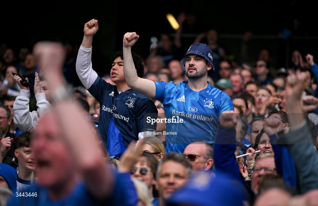 2 May 2026; Leinster supporters during the Investec Champions Cup semi-final match between Leinster and RC Toulon at the Aviva Stadium in Dublin. Photo by Sam Barnes/Sportsfile
