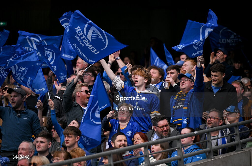 2 May 2026; Leinster supporters during the Investec Champions Cup semi-final match between Leinster and RC Toulon at the Aviva Stadium in Dublin. Photo by Sam Barnes/Sportsfile