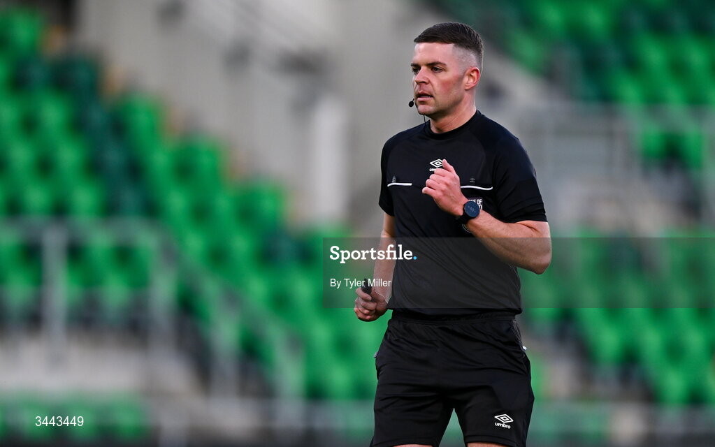 1 May 2026; Referee Lucas Keating during the SSE Airtricity Men's Premier Division match between Shamrock Rovers and Waterford at Tallaght Stadium in Dublin. Photo by Tyler Miller/Sportsfile