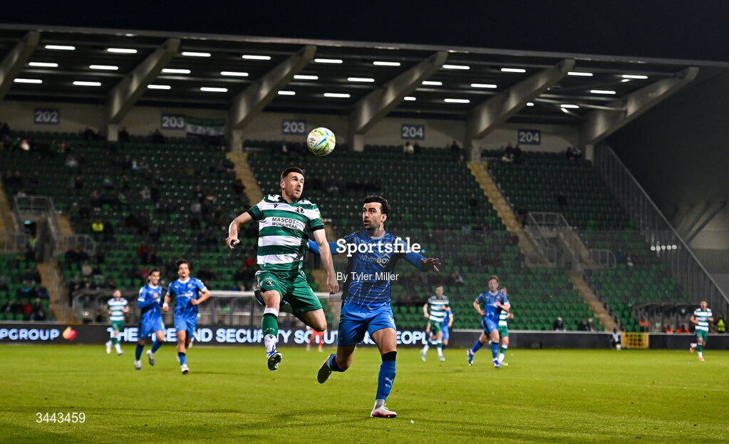 1 May 2026; Aaron Greene of Shamrock Rovers in action against John Mahon of Waterford during the SSE Airtricity Men's Premier Division match between Shamrock Rovers and Waterford at Tallaght Stadium in Dublin. Photo by Tyler Miller/Sportsfile