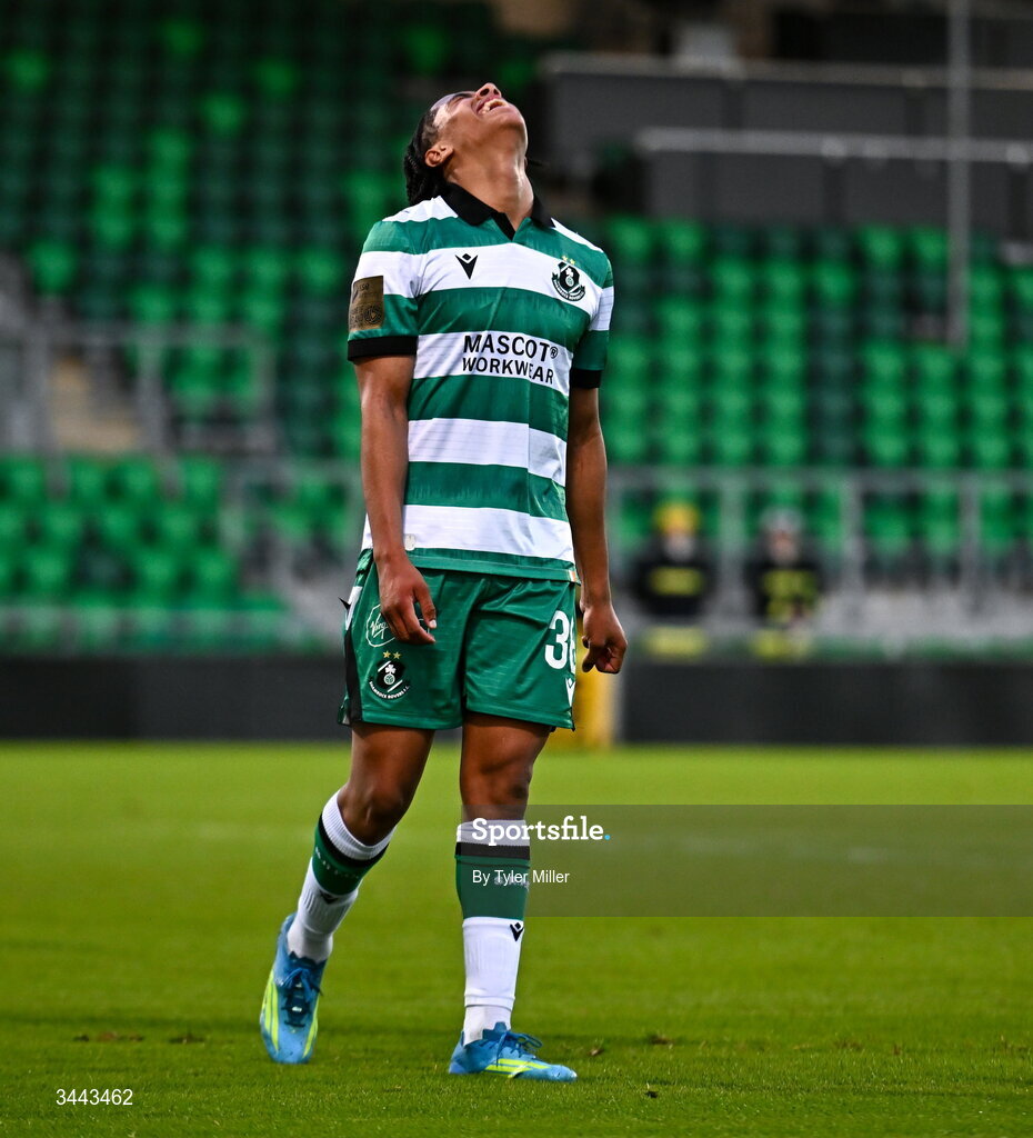 1 May 2026; Victor Ozhianvuna of Shamrock Rovers reacts during the SSE Airtricity Men's Premier Division match between Shamrock Rovers and Waterford at Tallaght Stadium in Dublin. Photo by Tyler Miller/Sportsfile