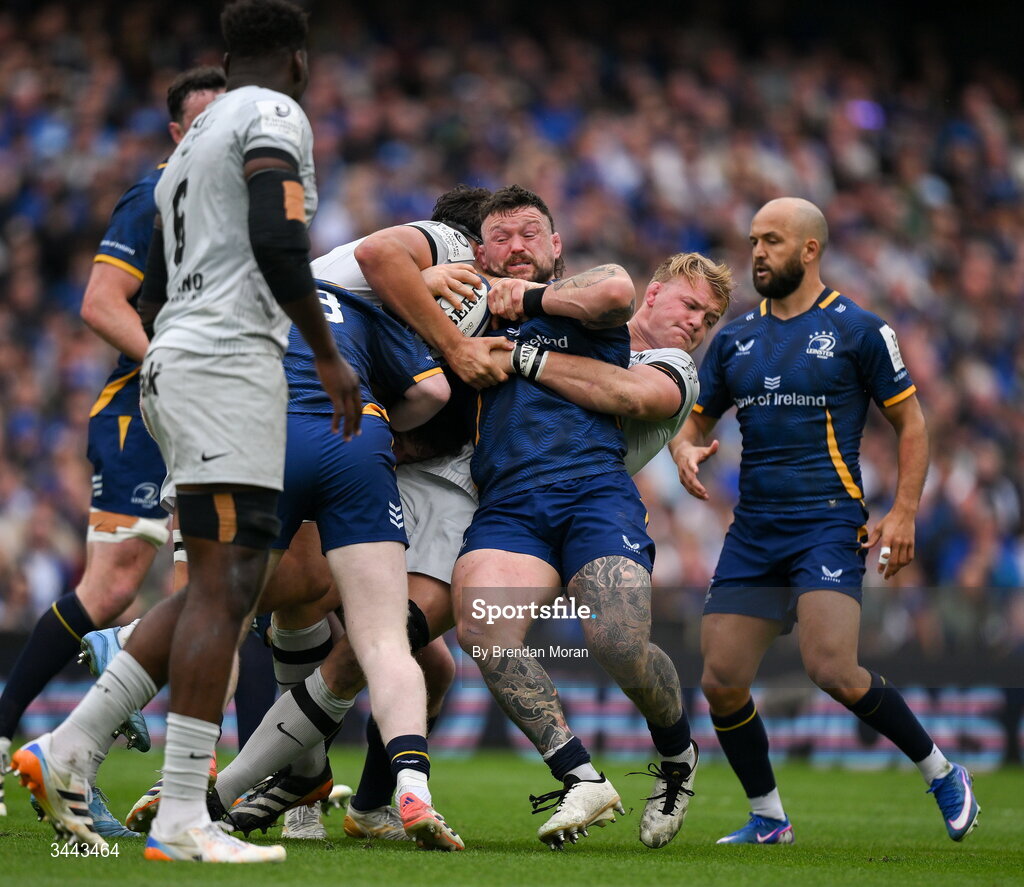 2 May 2026; Andrew Porter of Leinster is tackled by David Ribbans of RC Toulon during the Investec Champions Cup semi-final match between Leinster and RC Toulon at the Aviva Stadium in Dublin. Photo by Brendan Moran/Sportsfile