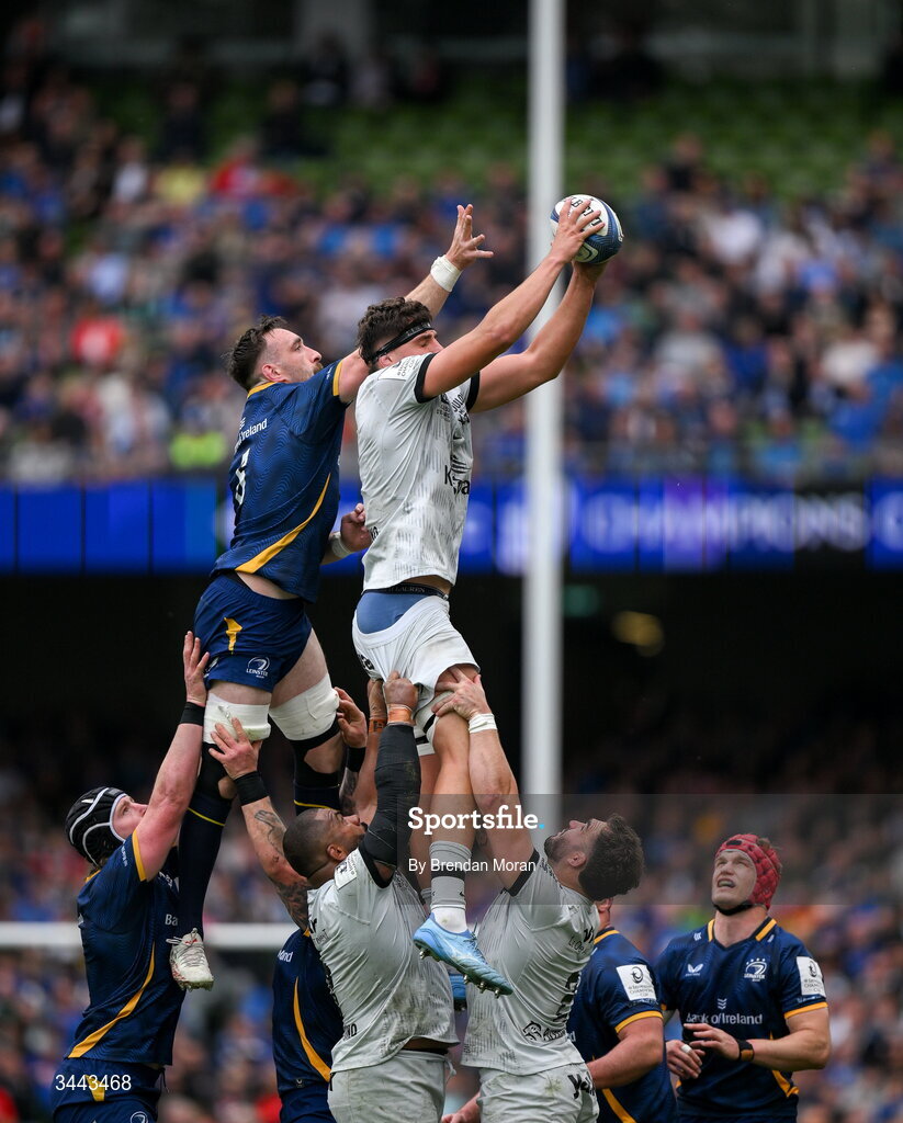 2 May 2026; Corentin Mezou of RC Toulon and Jack Conan of Leinster contest a line-out during the Investec Champions Cup semi-final match between Leinster and RC Toulon at the Aviva Stadium in Dublin. Photo by Brendan Moran/Sportsfile