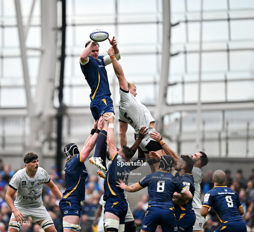 2 May 2026; James Ryan of Leinster wins possession in a line-out ahead of David Ribbans of RC Toulon during the Investec Champions Cup semi-final match between Leinster and RC Toulon at the Aviva Stadium in Dublin. Photo by Sam Barnes/Sportsfile