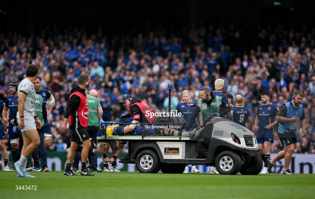 2 May 2026; Robbie Henshaw of Leinster is stretchered off of the pitch during the Investec Champions Cup semi-final match between Leinster and RC Toulon at the Aviva Stadium in Dublin. Photo by Brendan Moran/Sportsfile
