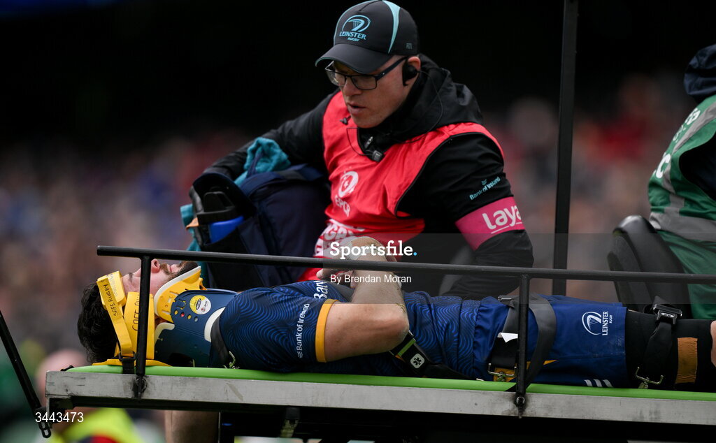 2 May 2026; Robbie Henshaw of Leinster is stretchered off of the putch during the Investec Champions Cup semi-final match between Leinster and RC Toulon at the Aviva Stadium in Dublin. Photo by Brendan Moran/Sportsfile