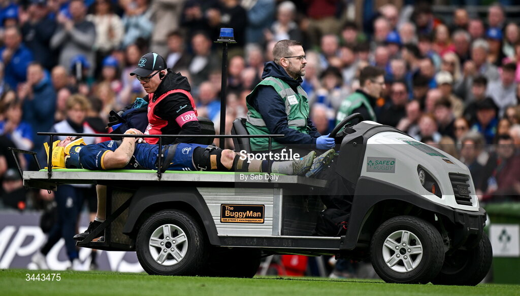 2 May 2026; Robbie Henshaw of Leinster is stretchered off of the pitch during the Investec Champions Cup semi-final match between Leinster and RC Toulon at the Aviva Stadium in Dublin. Photo by Seb Daly/Sportsfile