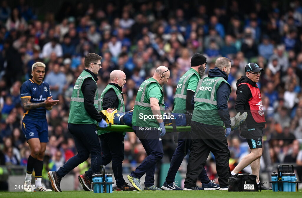 2 May 2026; Robbie Henshaw of Leinster is stretchered off of the pitch during the Investec Champions Cup semi-final match between Leinster and RC Toulon at the Aviva Stadium in Dublin. Photo by Seb Daly/Sportsfile