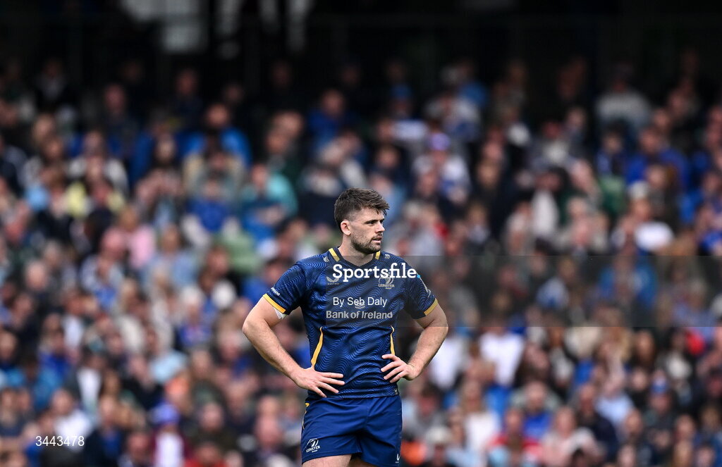 2 May 2026; Harry Byrne of Leinster reacts after kicking a restart into touch during the Investec Champions Cup semi-final match between Leinster and RC Toulon at the Aviva Stadium in Dublin. Photo by Seb Daly/Sportsfile