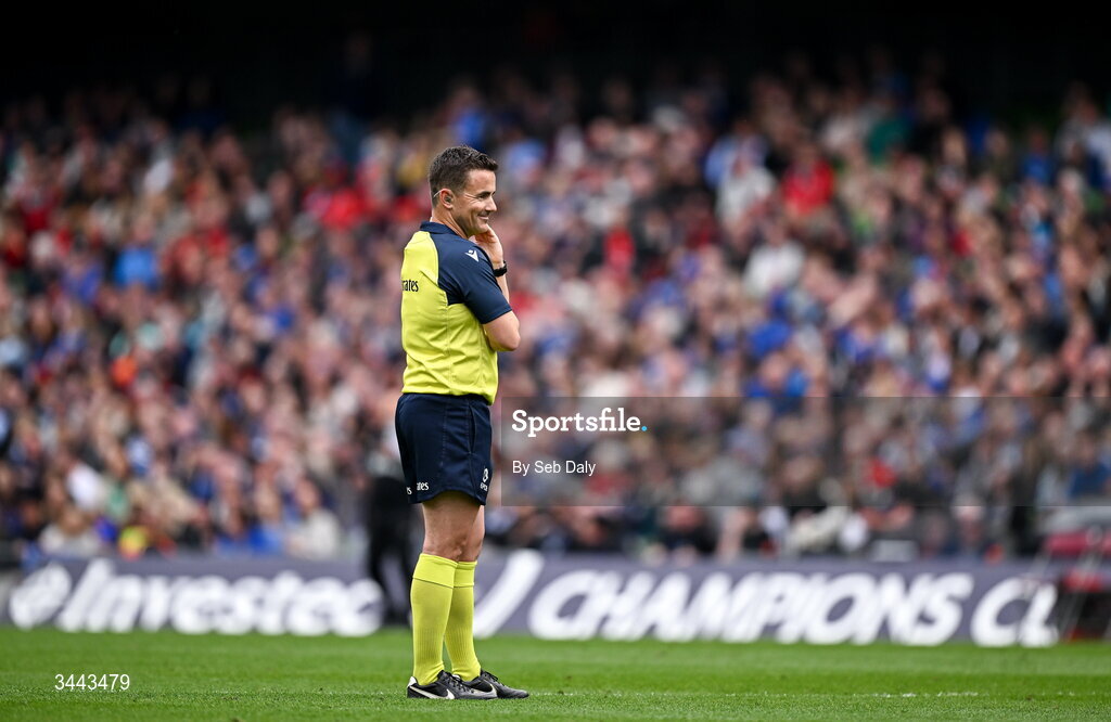 2 May 2026; Referee Luke Pearce during the Investec Champions Cup semi-final match between Leinster and RC Toulon at the Aviva Stadium in Dublin. Photo by Seb Daly/Sportsfile
