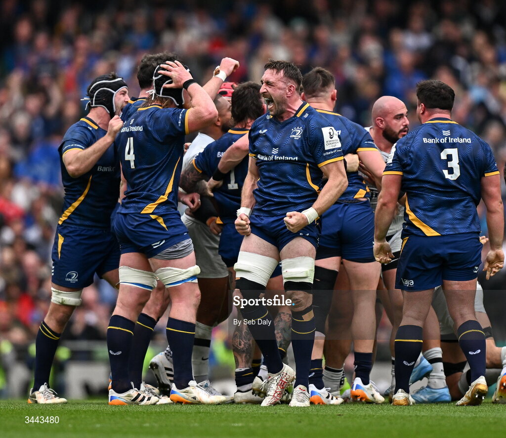 2 May 2026; Jack Conan of Leinster celebrates his side winning a scrum penalty during the Investec Champions Cup semi-final match between Leinster and RC Toulon at the Aviva Stadium in Dublin. Photo by Seb Daly/Sportsfile
