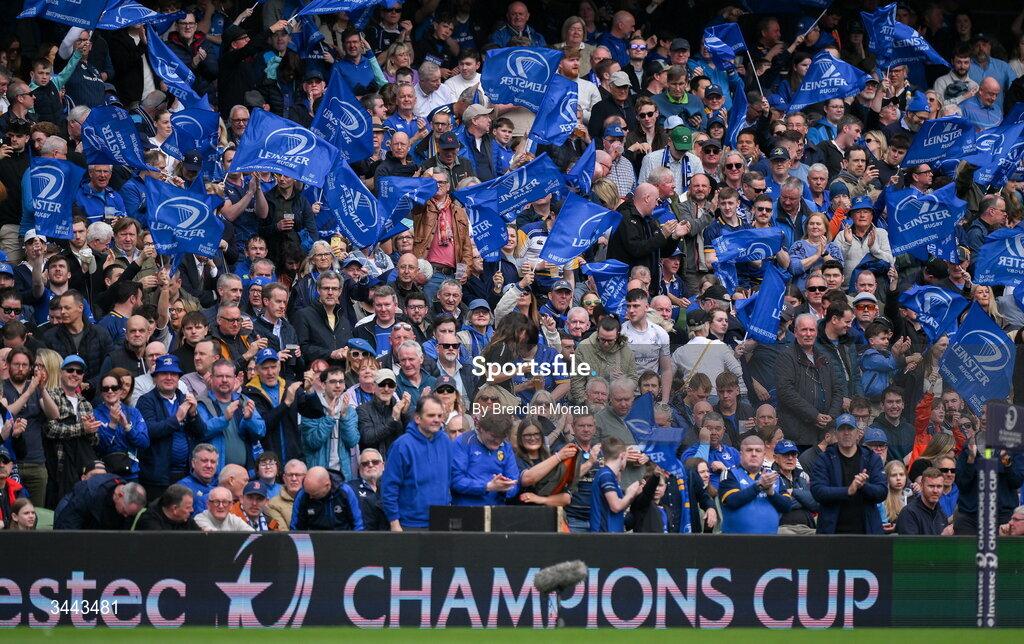 2 May 2026; Leinster supporters during the Investec Champions Cup semi-final match between Leinster and RC Toulon at the Aviva Stadium in Dublin. Photo by Brendan Moran/Sportsfile