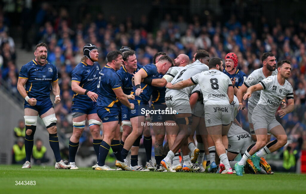 2 May 2026; Leinster players celebrate winning a scrum penalty during the Investec Champions Cup semi-final match between Leinster and RC Toulon at the Aviva Stadium in Dublin. Photo by Brendan Moran/Sportsfile