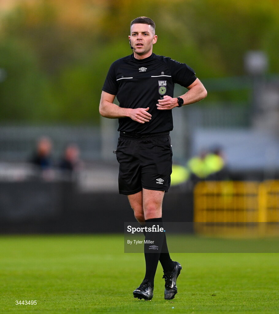1 May 2026; Referee Lucas Keating during the SSE Airtricity Men's Premier Division match between Shamrock Rovers and Waterford at Tallaght Stadium in Dublin. Photo by Tyler Miller/Sportsfile