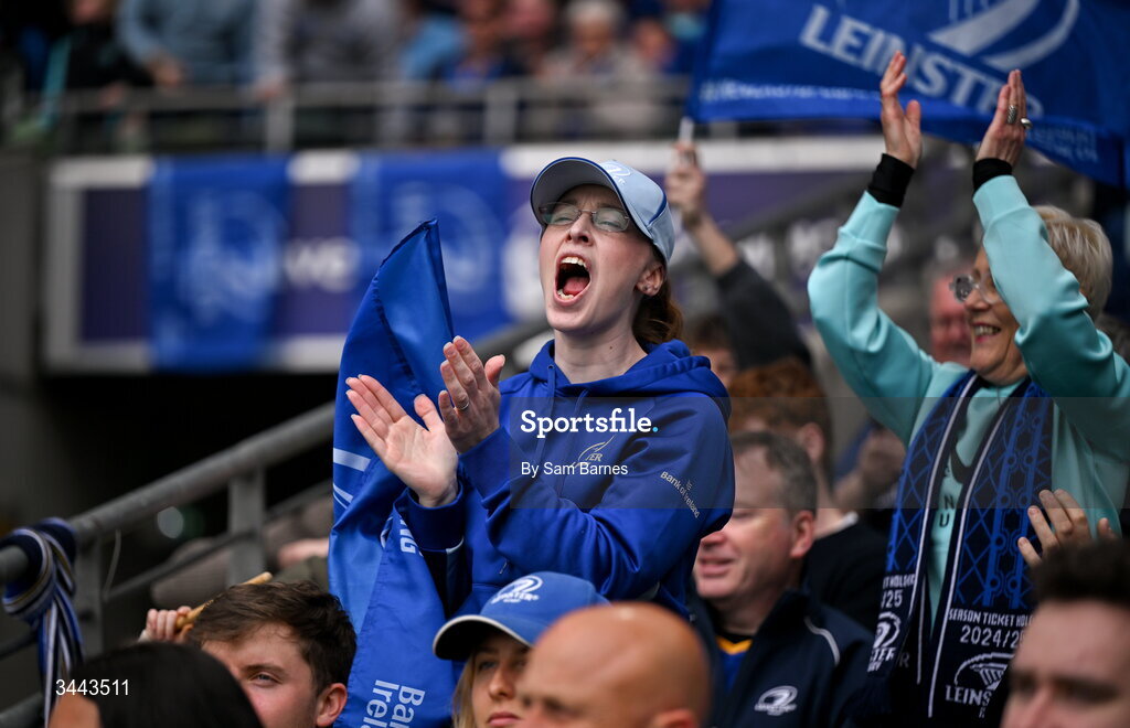 2 May 2026; Leinster supporters celebrate after their side score a second try scored by Josh van der Flier during the Investec Champions Cup semi-final match between Leinster and RC Toulon at the Aviva Stadium in Dublin. Photo by Sam Barnes/Sportsfile