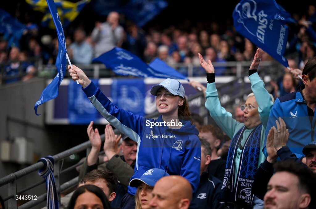 2 May 2026; Leinster supporters celebrate after their side score a second try scored by Josh van der Flier during the Investec Champions Cup semi-final match between Leinster and RC Toulon at the Aviva Stadium in Dublin. Photo by Sam Barnes/Sportsfile
