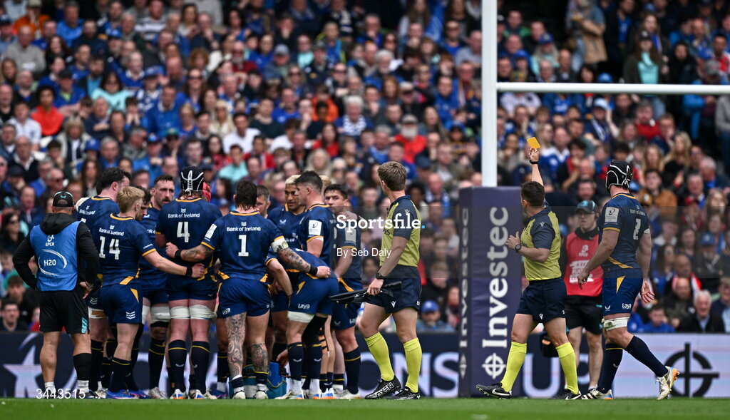 2 May 2026; Referee Luke Pearce shows a yellow card to Leinster's Andrew Porter, 1, during the Investec Champions Cup semi-final match between Leinster and RC Toulon at the Aviva Stadium in Dublin. Photo by Seb Daly/Sportsfile