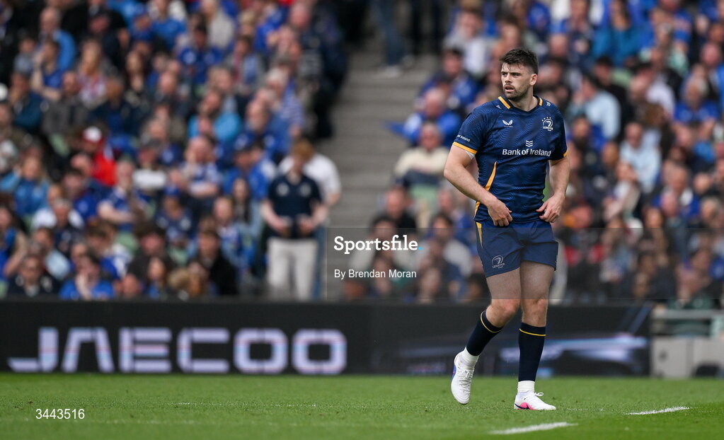 2 May 2026; Harry Byrne of Leinster leaves the pitch after being shown a yellow card during the Investec Champions Cup semi-final match between Leinster and RC Toulon at the Aviva Stadium in Dublin. Photo by Brendan Moran/Sportsfile
