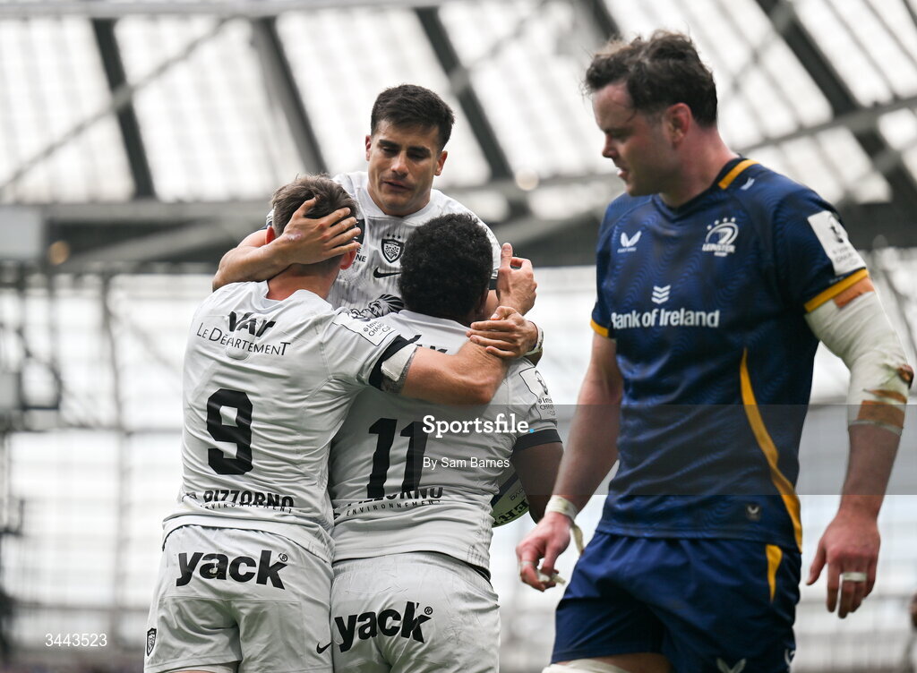 2 May 2026; Setariki Tuicuvu of RC Toulon, 11, celebrates with teammates Ben White, left, and Tomas Albornoz after scoring their side's first try during the Investec Champions Cup semi-final match between Leinster and RC Toulon at the Aviva Stadium in Dublin. Photo by Sam Barnes/Sportsfile