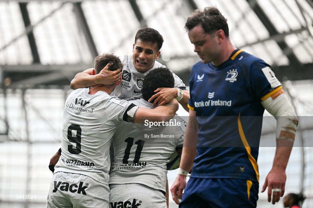 2 May 2026; Setariki Tuicuvu of RC Toulon, 11, celebrates with teammates Ben White, left, and Tomas Albornoz after scoring their side's first try during the Investec Champions Cup semi-final match between Leinster and RC Toulon at the Aviva Stadium in Dublin. Photo by Sam Barnes/Sportsfile