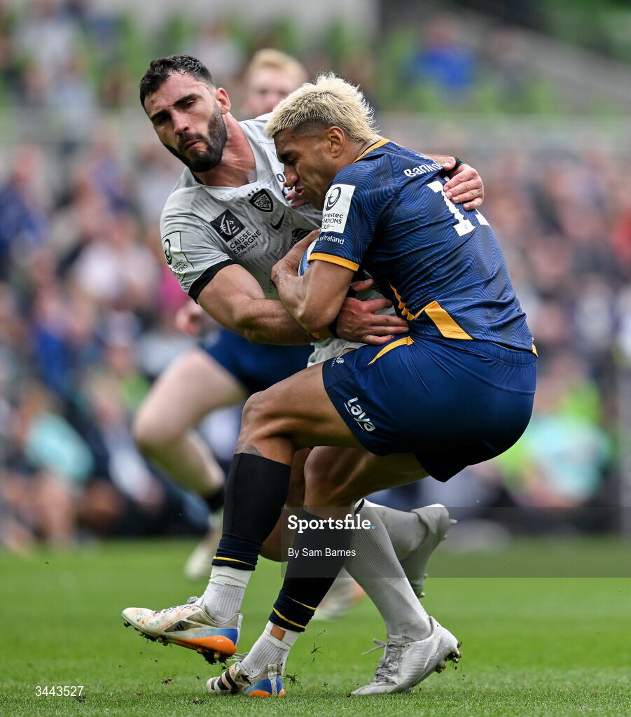 2 May 2026; Rieko Ioane of Leinster in action against Charles Ollivon of RC Toulon during the Investec Champions Cup semi-final match between Leinster and RC Toulon at the Aviva Stadium in Dublin. Photo by Sam Barnes/Sportsfile