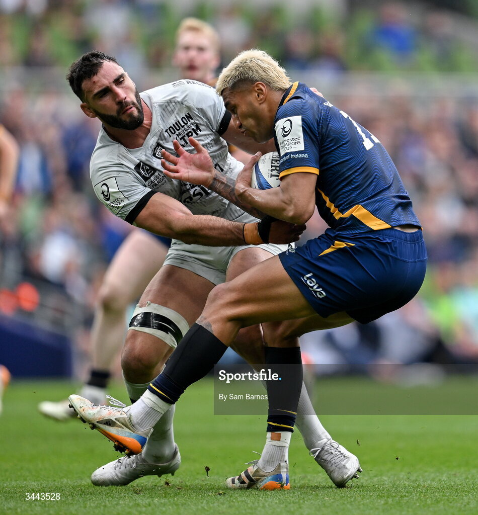 2 May 2026; Rieko Ioane of Leinster in action against Charles Ollivon of RC Toulon during the Investec Champions Cup semi-final match between Leinster and RC Toulon at the Aviva Stadium in Dublin. Photo by Sam Barnes/Sportsfile