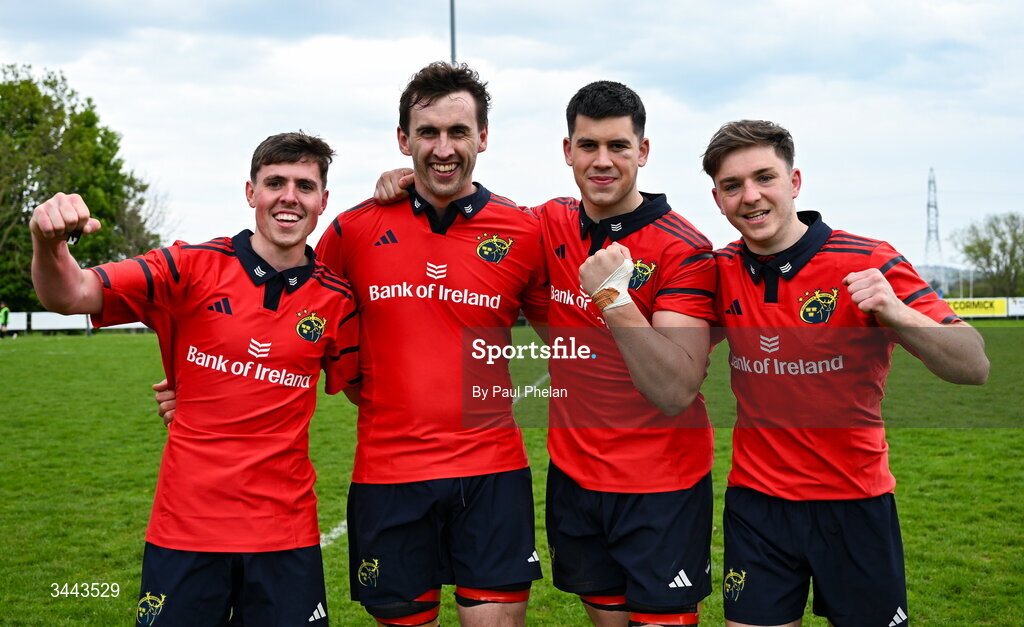 2 May 2026; Munster players celebrate after winning the IRFU Men's Junior Interprovincials Round 2 match between Munster and Leinster at DLSP FC in Kiltiernan, Dublin. Photo by Paul Phelan/Sportsfile