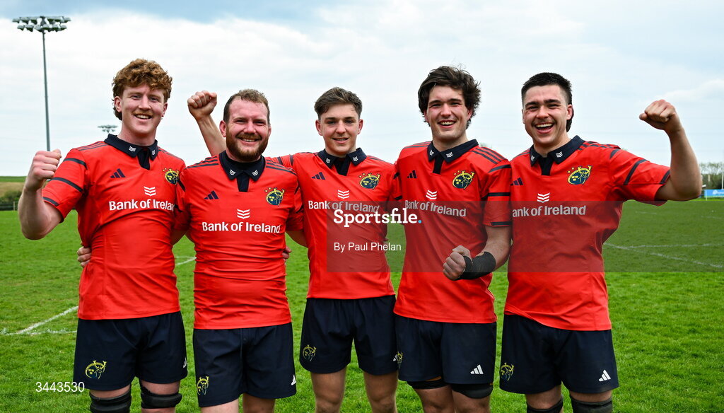 2 May 2026; Munster players celebrate after winning the IRFU Men's Junior Interprovincials Round 2 match between Munster and Leinster at DLSP FC in Kiltiernan, Dublin. Photo by Paul Phelan/Sportsfile