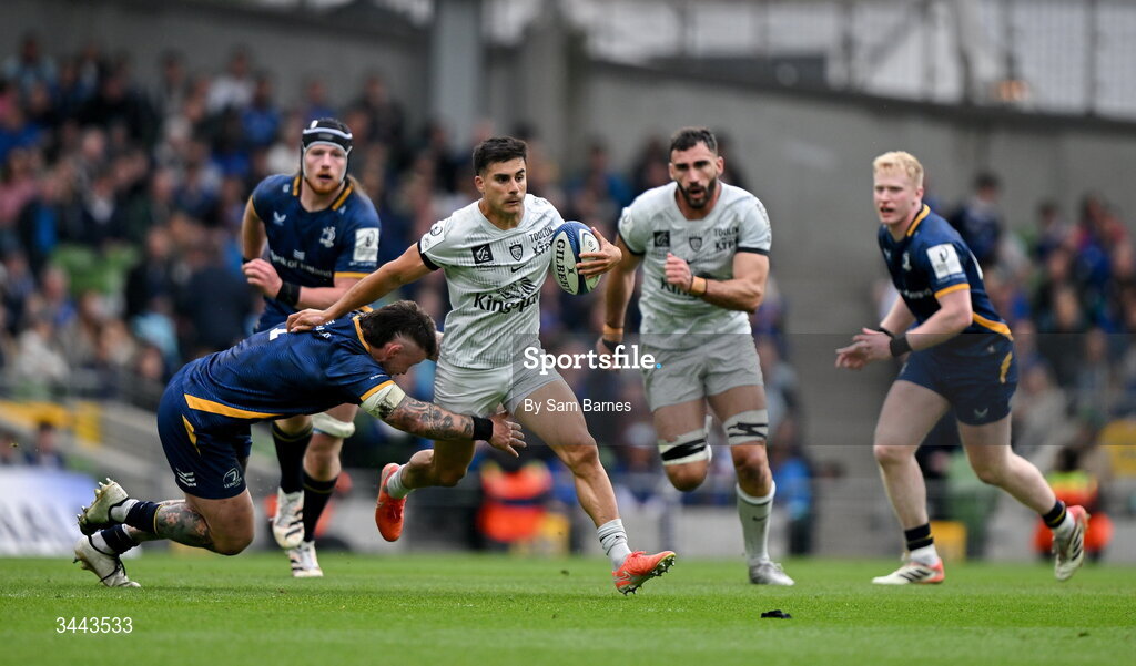 2 May 2026; Tomas Albornoz of RC Toulon in action against Andrew Porter of Leinster during the Investec Champions Cup semi-final match between Leinster and RC Toulon at the Aviva Stadium in Dublin. Photo by Sam Barnes/Sportsfile